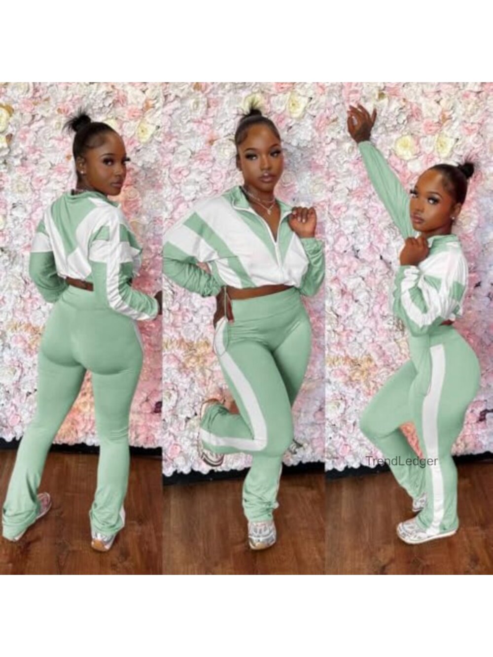 2 Piece Outfit Color Block Zip Jacket Bodycon Long Pants Set - Picture 5 of 6